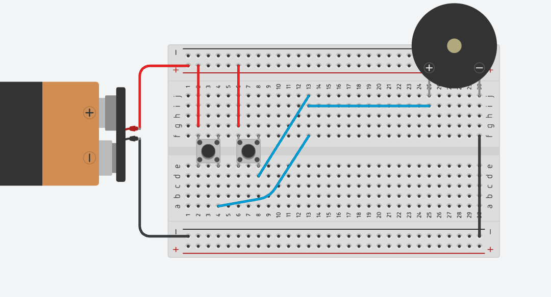 Powering the buzzer by connecting the alarm node to its positive leg